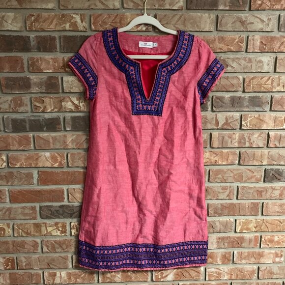 Vineyard Vines Embellished Red w/ Blue Embroidery Linen Cotton Blend Tunic Dress - Picture 2 of 15